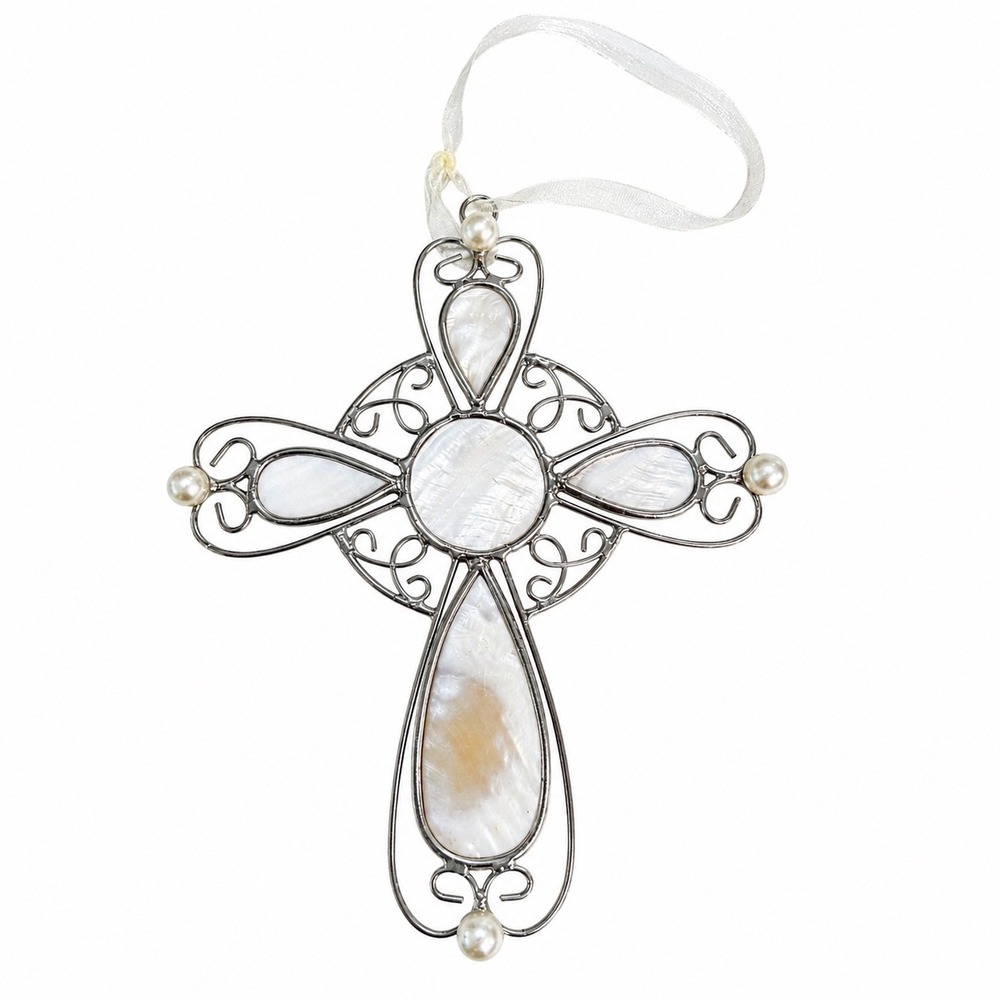 Silver Tone Filigree Mother of Pearl Cross Ornament with Pearl Accents 4.5 Inch